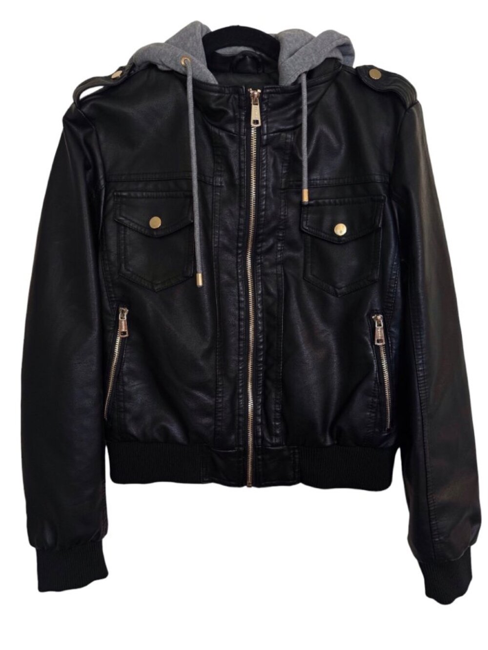 NEW Wantdo Faux Leather Bomber Moto Jacket w/ Removable Hood Black & Gray Size S